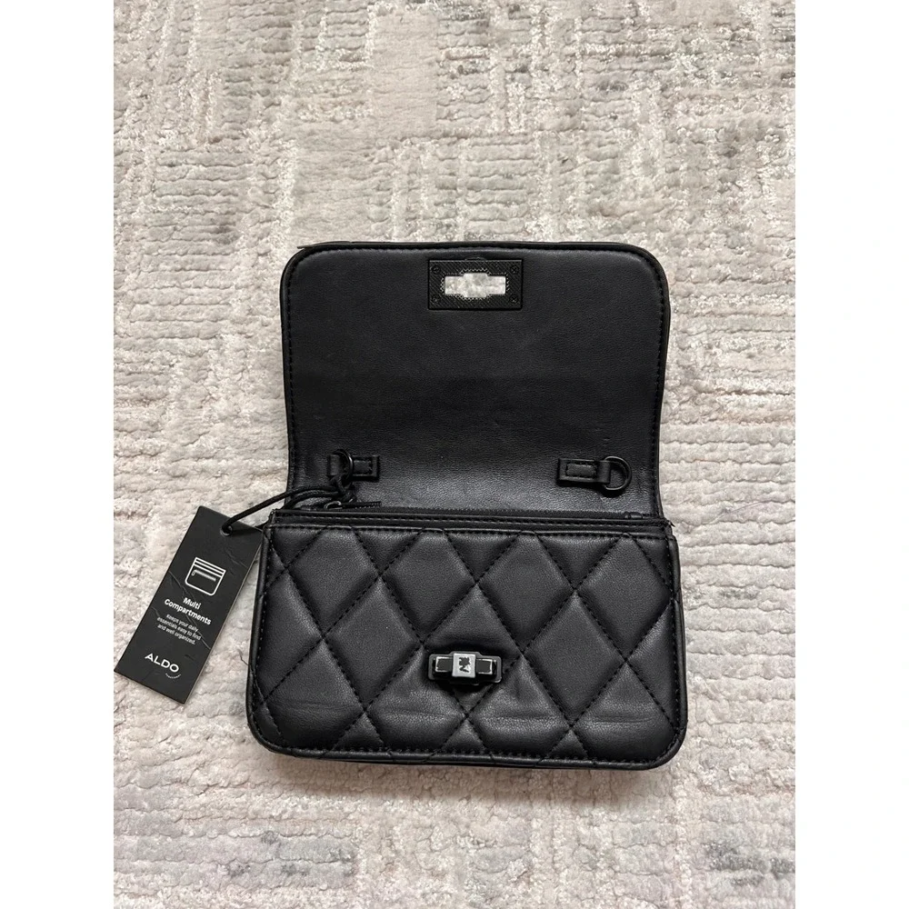 ALDO Black Quilted Faux Leather Clutch‎ Bag Multi Compartment